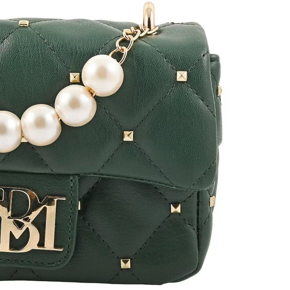 Badgley Mischka ✦ Pearl Crossbody Bag ✦ Green Quilted Vegan Leather Studded Flap - Picture 5 of 7